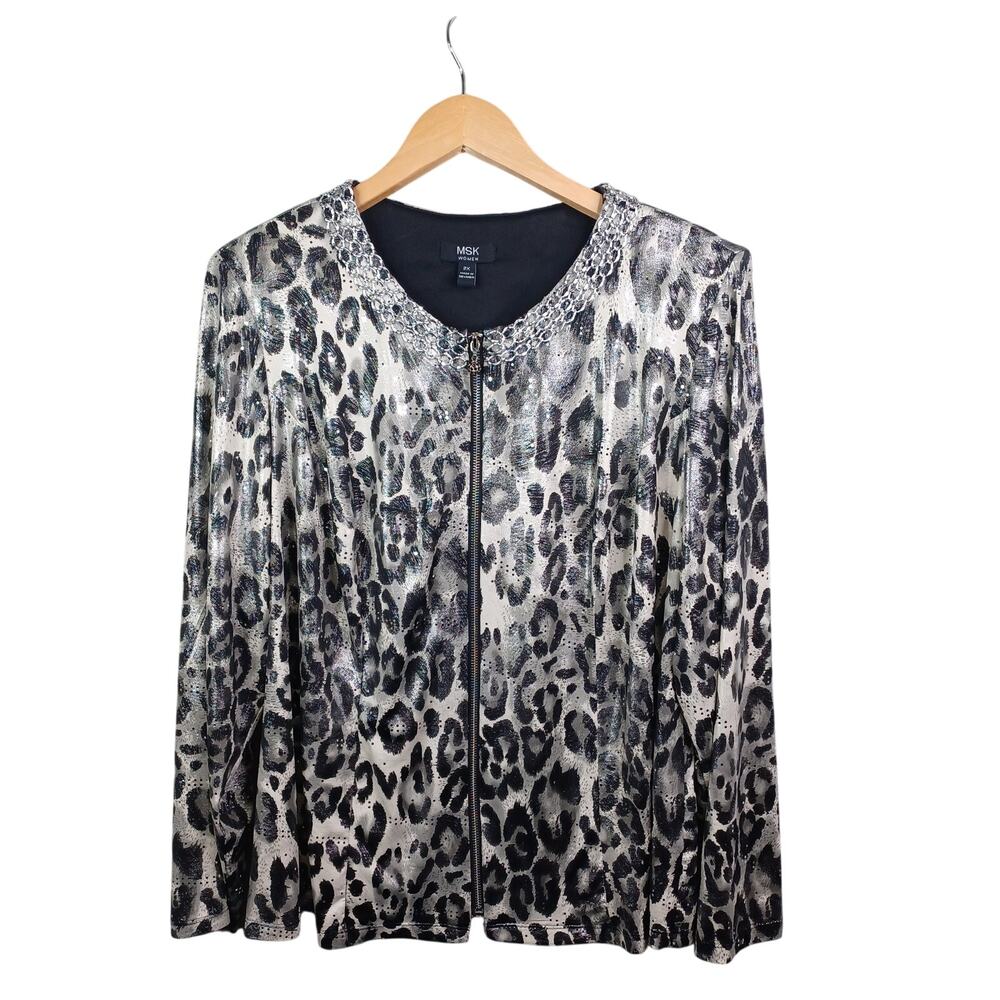 MSK Women 2X Plus Leopard Animal Print Metallic Chain Zip Front Top Glam Chic - Picture 2 of 12